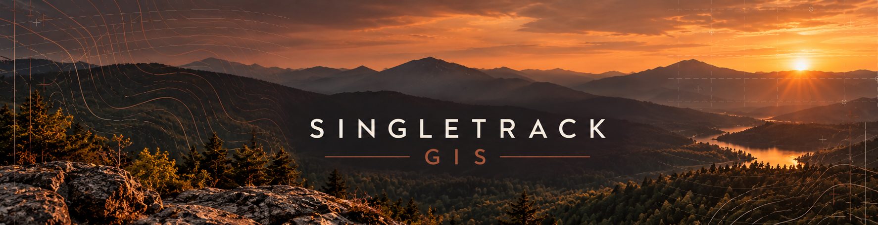 Singletrack GIS: sunset over forested mountains with topographic contour lines